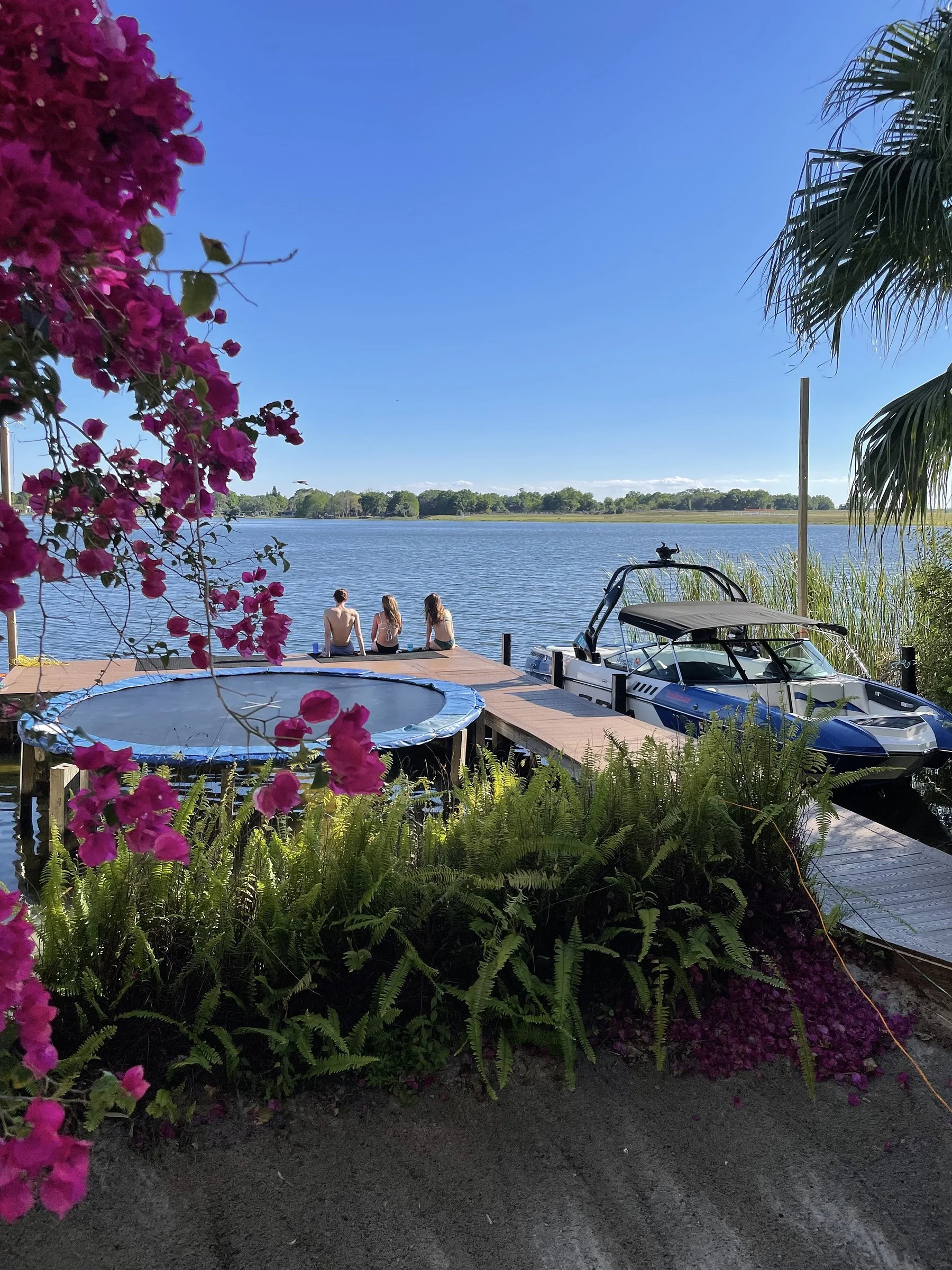 Bougainvillea over the trampoline and dock, riders sitting at the water’s edge, the boat moored